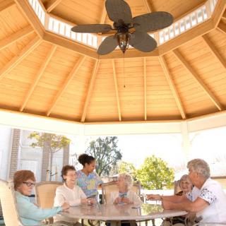A group of seniors enjoying a gathering under a wooden gazebo.