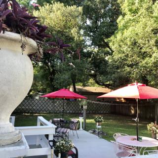 A tranquil backyard patio with red umbrellas, surrounded by lush green trees.