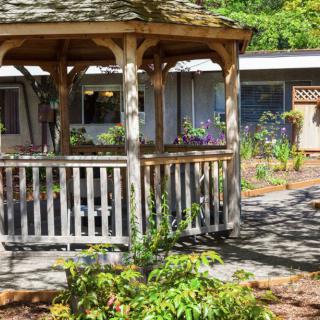 A peaceful garden featuring a wooden gazebo surrounded by plants and pathways.