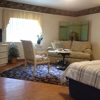 A cozy bedroom with a small living area, featuring a sofa, chair, rug, and window.
