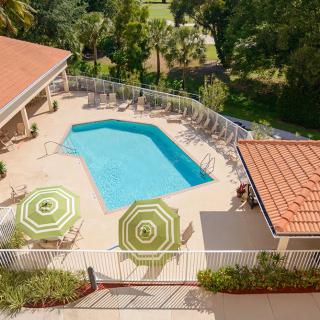 Aerial view of a swimming pool area with lounge chairs and umbrellas surrounded by lush greenery.