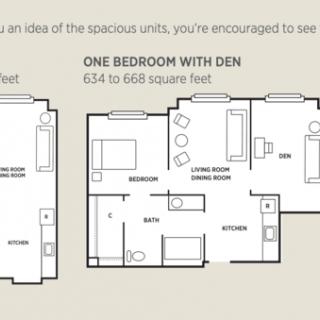 A floor plan of a one-bedroom apartment with a den, ranging from 614 to 668 square feet.