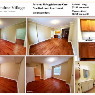 One bedroom apartment for assisted living or memory care with details on pricing and square footage.