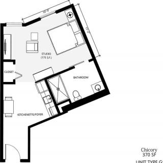 A floor plan layout displaying a one-room apartment with a bedroom, kitchen, and bathroom.