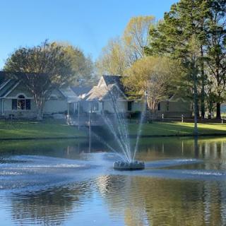 A tranquil scene featuring a fountain in a small lake surrounded by houses and trees.