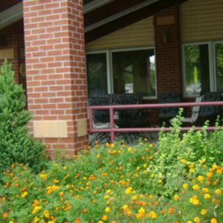 A brick building with a garden featuring yellow flowers and a patio area.
