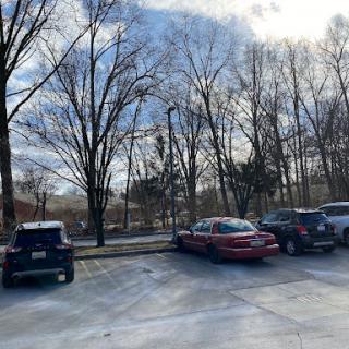 A view of a parking lot surrounded by bare trees under a cloudy sky.