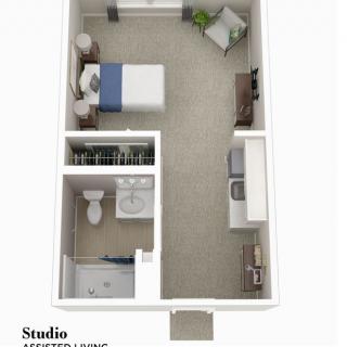 3D floor plan of a studio apartment with a combined living and sleeping area.