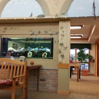 A cozy waiting area featuring an aquarium and comfortable seating.