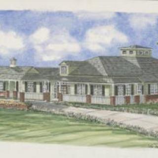 A watercolor illustration of a charming residential building nestled in a scenic landscape.