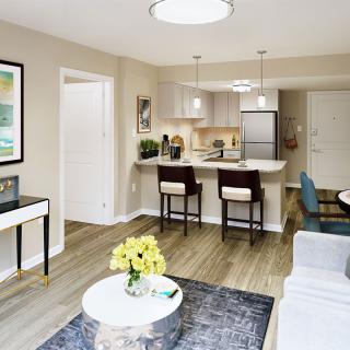 A modern open-concept apartment with a living area and kitchen.