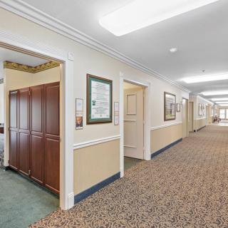 A well-lit building hallway with carpeted floors, doors on both sides, and framed art on the walls.