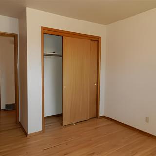 An empty room with a wooden floor and a sliding closet door.
