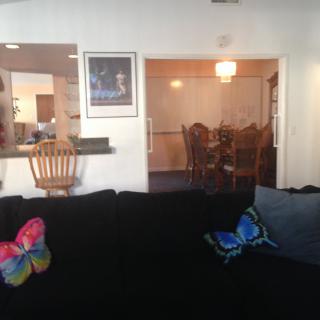 A cozy living room with a dark sofa adorned with butterfly pillows, overlooking a kitchen and dining area.