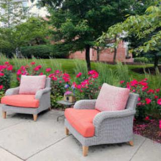 Cozy outdoor seating area with cushioned chairs and vibrant flowers.