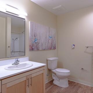 A modern bathroom with a sink, toilet, mirror, and artwork on the wall.
