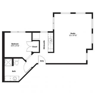 A simple floor plan showing a bedroom, bathroom, and living area.