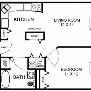 A detailed floor plan of a one-bedroom apartment featuring a kitchen, living room, and bathroom.