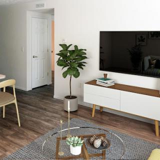 A modern living room featuring a sleek television unit, stylish furniture, and a decorative plant.