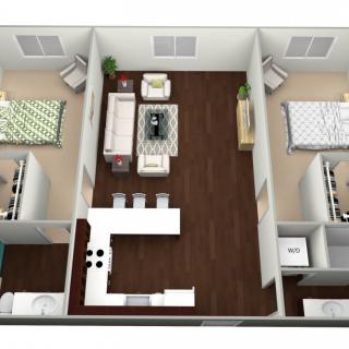 3D floor plan of a two-bedroom apartment with a central living area and kitchen.