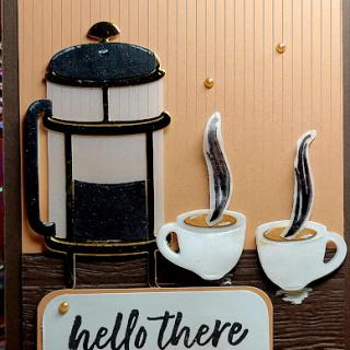A warm and inviting coffee-themed greeting card featuring a French press and steaming cups.
