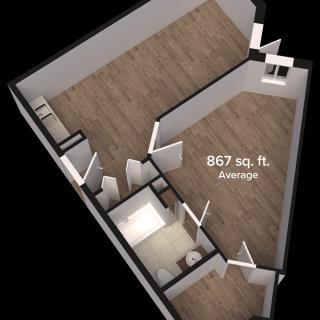 A 3D floor plan of an apartment unit measuring 867 square feet, showcasing the layout and design.