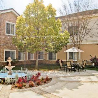 A peaceful courtyard with a fountain, outdoor seating, and lush greenery.