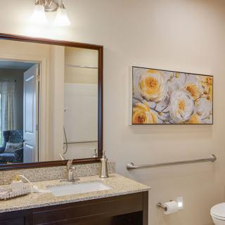 A well-lit bathroom featuring a large mirror, elegant sink, and floral artwork.