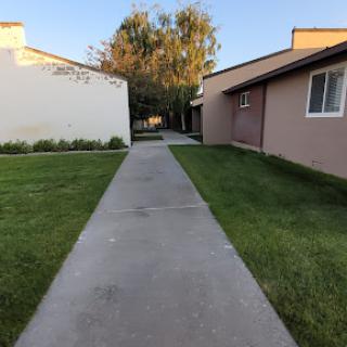 A serene pathway leading through a residential area with well-maintained grass and buildings on either side.