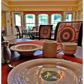 A beautifully set dining room with patterned chairs and elegantly arranged tableware, capturing a warm and inviting atmosphere.