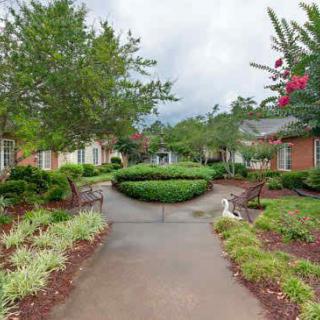 A beautifully landscaped garden with a central circular bush, surrounded by trees and benches along a pathway.