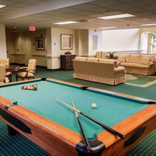 A cozy game room featuring a pool table and comfortable seating area.