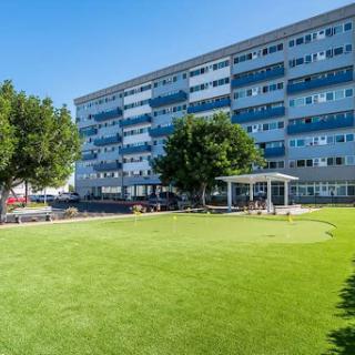 A modern building surrounded by lush green grass under a clear blue sky.