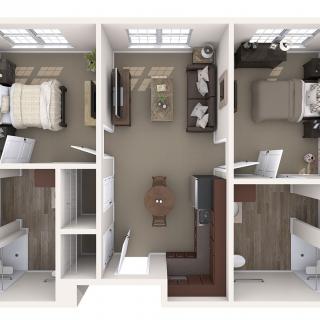 A detailed floor plan of a two-bedroom apartment, featuring a living room, kitchen, and bathroom.