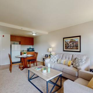 A cozy apartment living room with a sofa, coffee table, and an adjoining kitchen area.