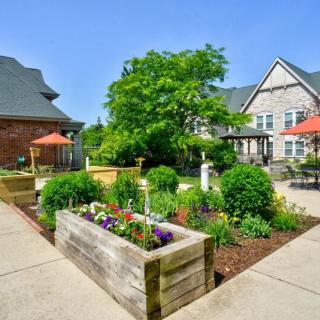 A beautifully landscaped residential garden with colorful flowers and modern architecture.