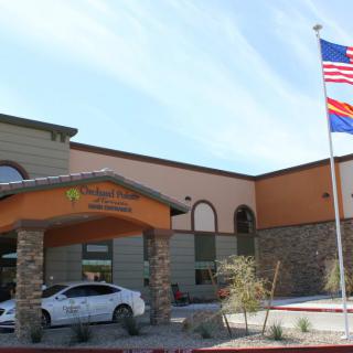 Entrance of a healthcare facility with a car parked and flags waving.
