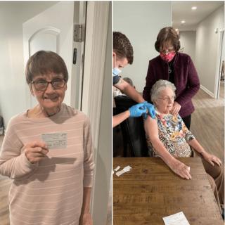 An elderly person receives a COVID-19 vaccination shot at home.