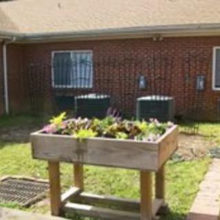 A raised garden bed filled with plants in a yard near a brick building.