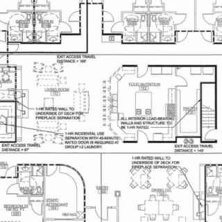 Architectural blueprint depicting a detailed floor plan with various rooms and annotations.