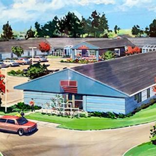 A retro illustration of a building complex with a parking lot, surrounded by trees and classic cars.