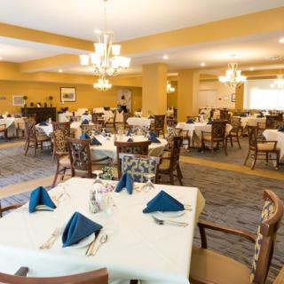 An elegant dining area with neatly arranged tables and blue napkins.