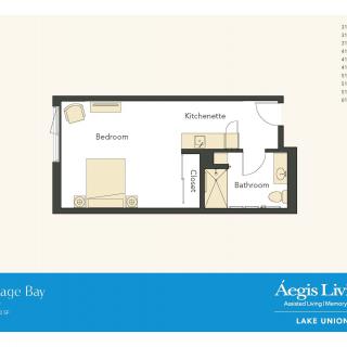 Floor plan of a studio apartment layout with bedroom, kitchenette, and bathroom.