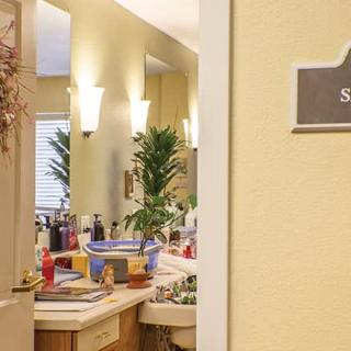 A well-lit bathroom with various toiletries around the sink and a plant for decoration.