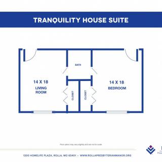 Floor plan of the Tranquility House Suite showing the layout and room dimensions.