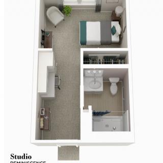 A 3D floor plan of a studio apartment featuring a bedroom area, bathroom, and kitchen.