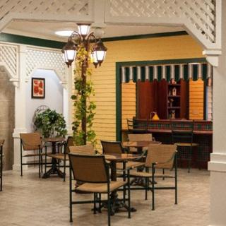A cozy indoor cafe with warm lighting, featuring tables, chairs, and decorative plants.