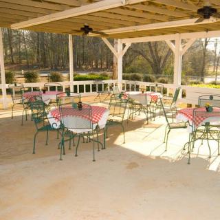 A tranquil outdoor dining area with tables set for guests, surrounded by nature.
