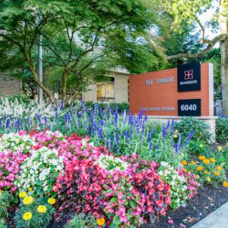 A vibrant garden with various flowers in front of a modern building.