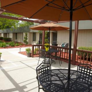 A sunny courtyard featuring patio tables, chairs, and umbrellas surrounded by greenery.